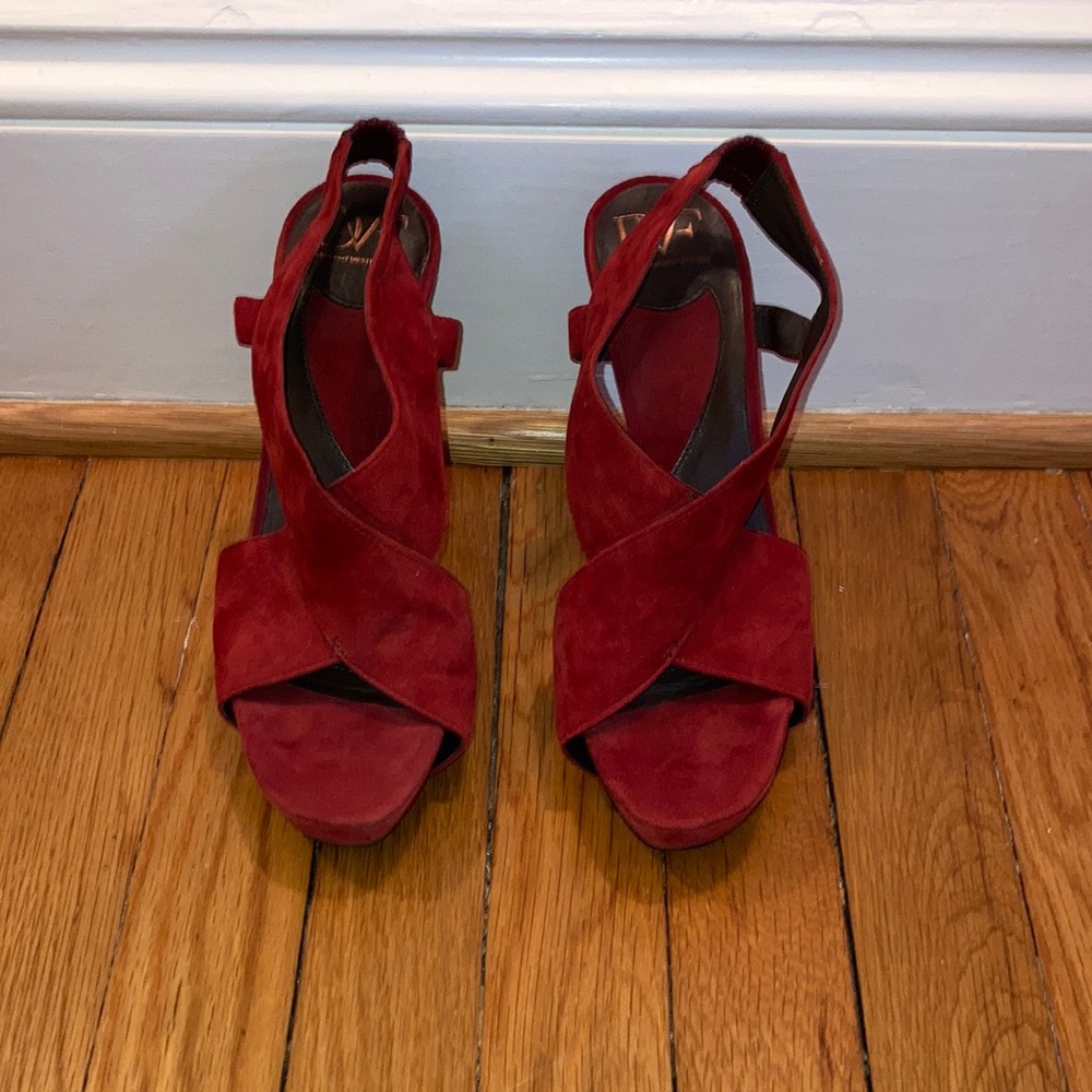 Diane von Furstenberg Red Suede Leather Zia Criss Cross Platform Heels